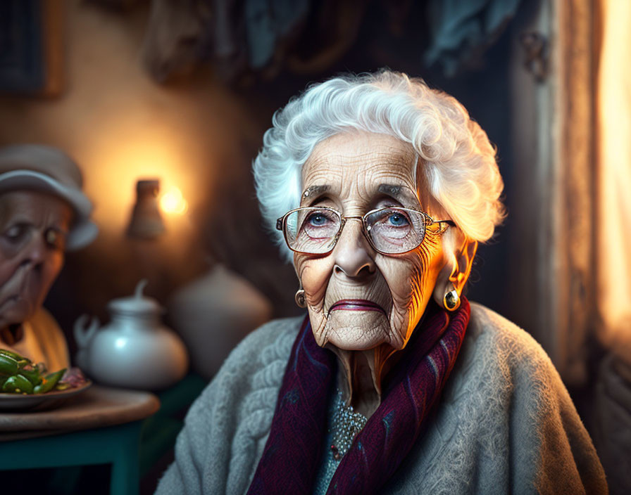 Pensive elderly woman with glasses and scarf, blurred figure in background.