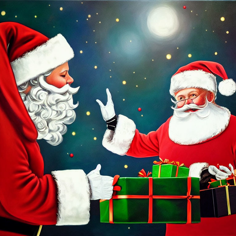 Two Santa Claus Figures Holding Gift Box on Festive Background