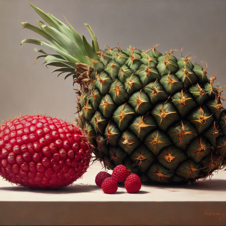 Green pineapple, red lychee, and raspberries on neutral backdrop.