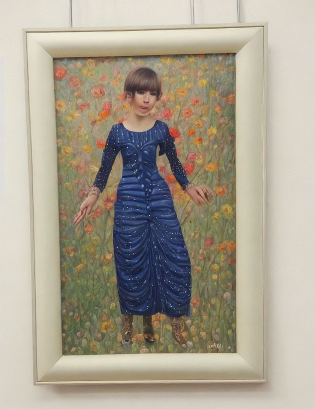 Girl in Blue Dress Surrounded by Colorful Flowers on White Wall