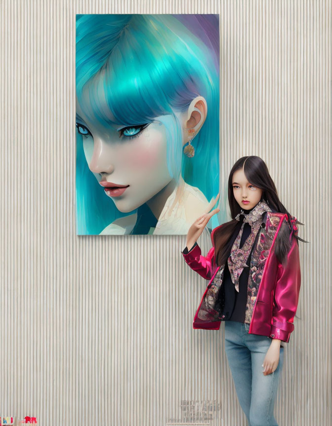 Woman in Red Jacket Stands by Portrait of Blue-Haired Character