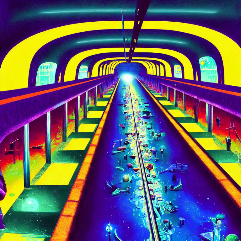 Colorful Psychedelic Train Station with Bright Yellow, Purple, and Blue Hues