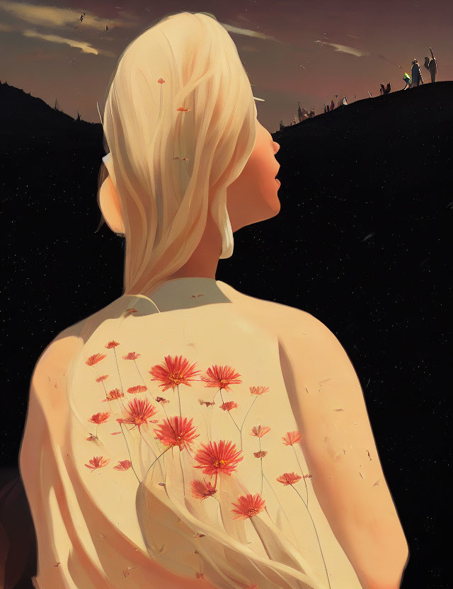 Person with flowers on back gazing at starry sky, distant figures on hill