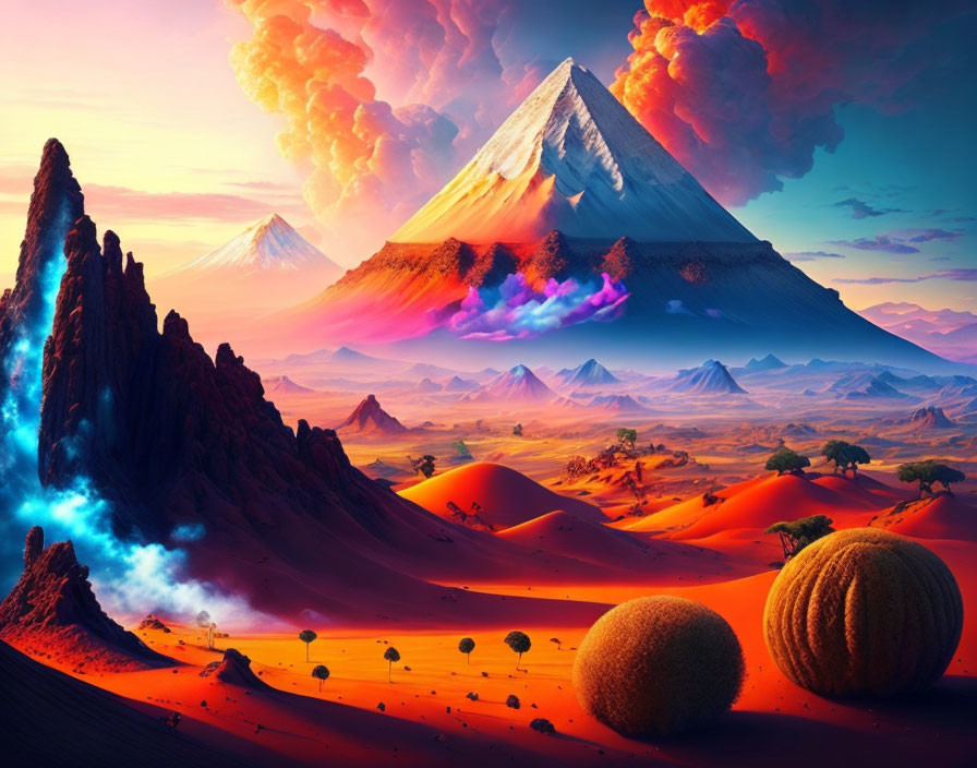 Surreal volcanic landscape with glowing lava and sand dunes