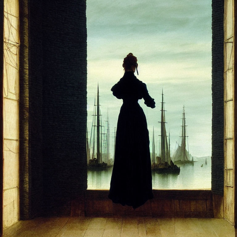 Silhouette of woman between columns overlooking harbor with tall ships