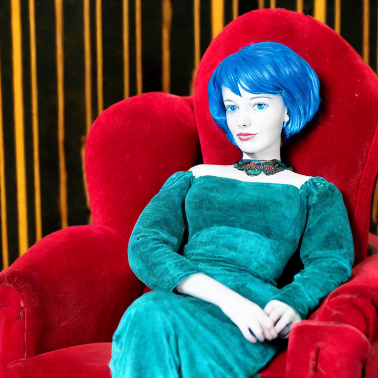 Blue-haired person in green dress on red chair against striped background