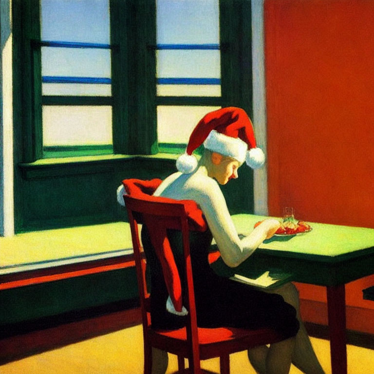 Person in Santa Hat Reading Card by Window with Red Background