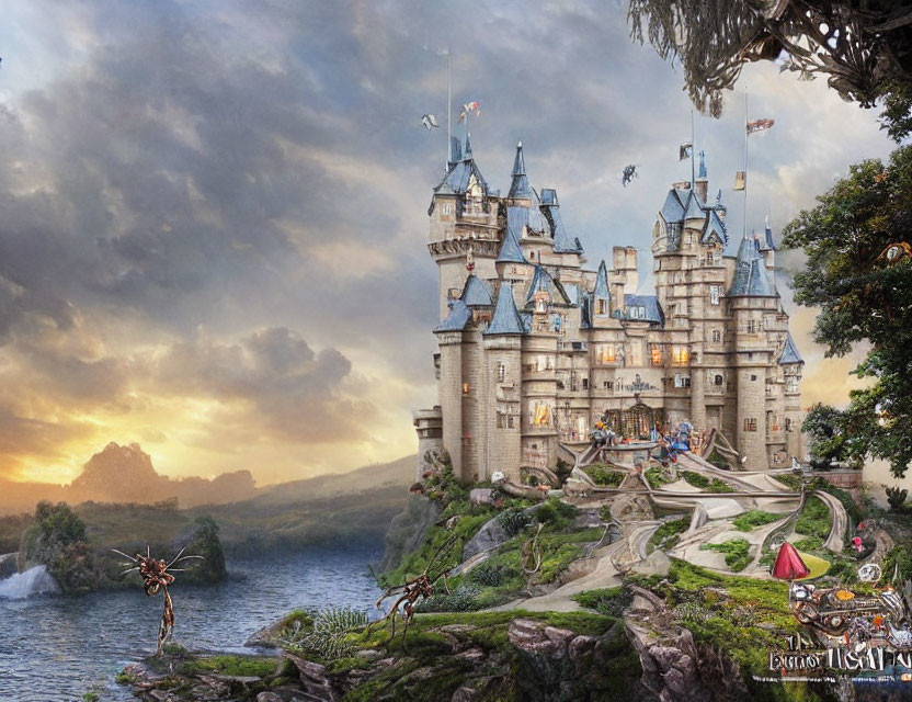 Enchanting castle on hill with waterfalls, bridges, whimsical creatures