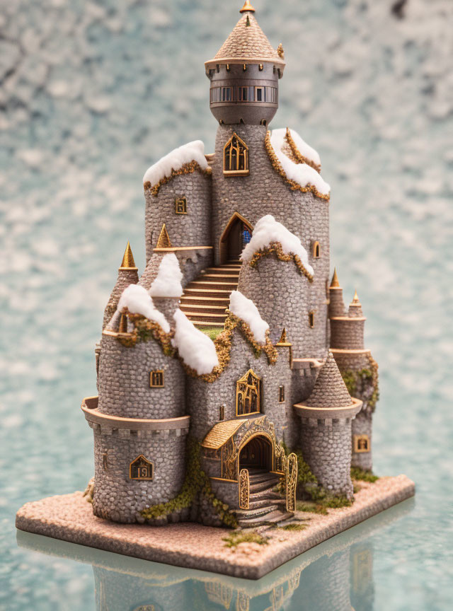 Miniature Castle Model with Snow Accents on Towers and Walls