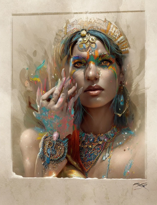 Colorful Portrait of Woman with Ornate Jewelry and Painted Face