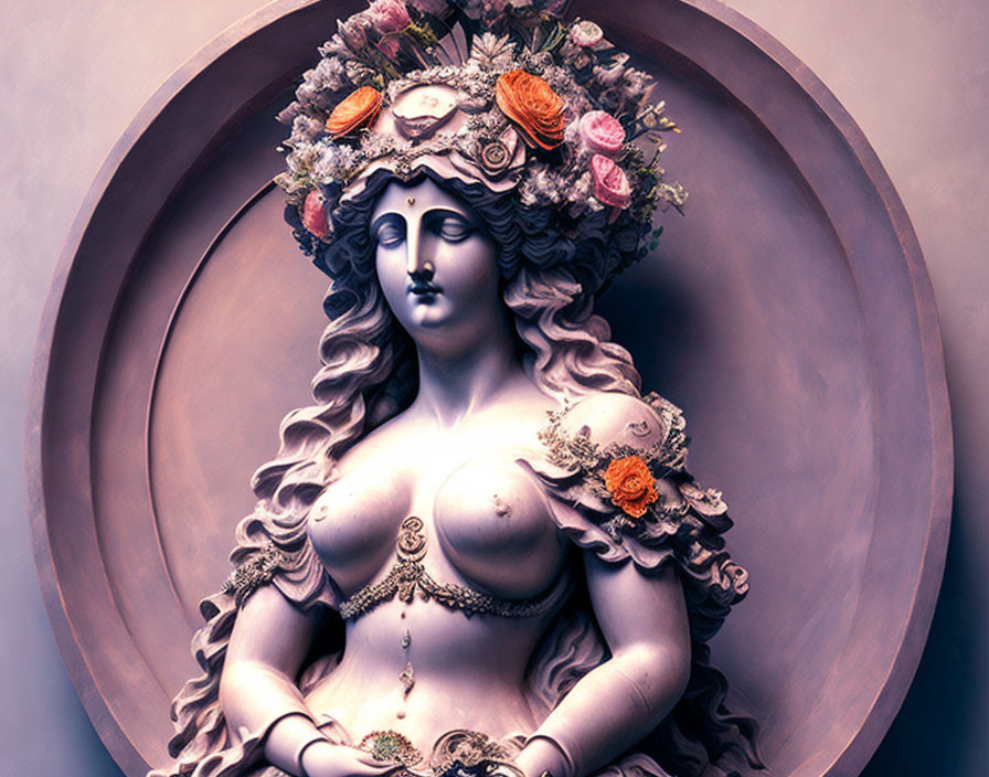 Classical sculpture of woman with flower crown and decorative accessories against circular backdrop