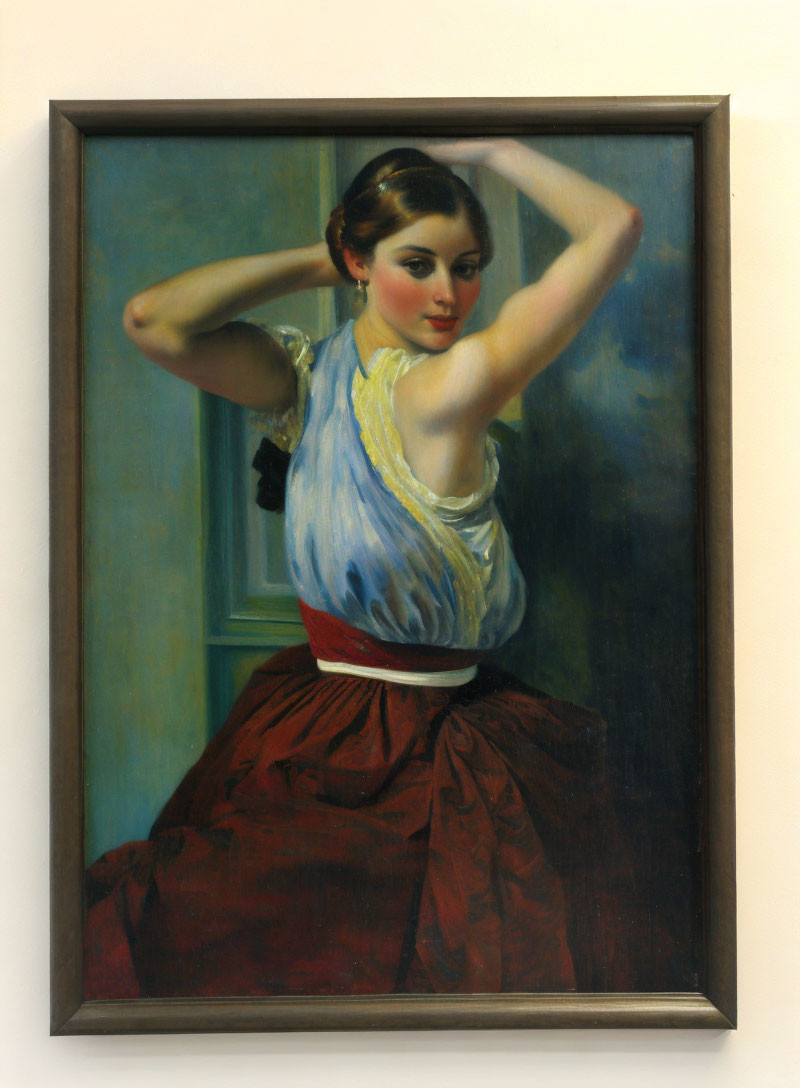 Woman in Blue Sleeveless Blouse and Red Skirt Oil Painting