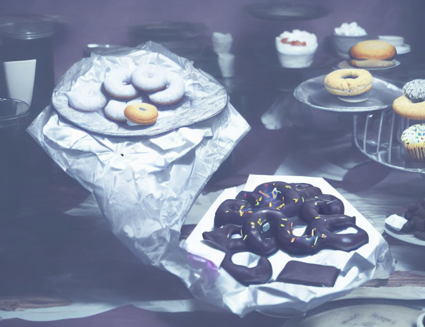 Assorted donuts with various toppings on vintage-themed table