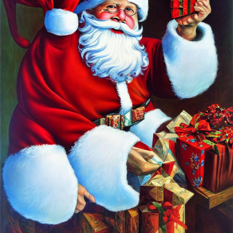 Iconic Santa Claus in red suit with white beard and gift, colorful presents.