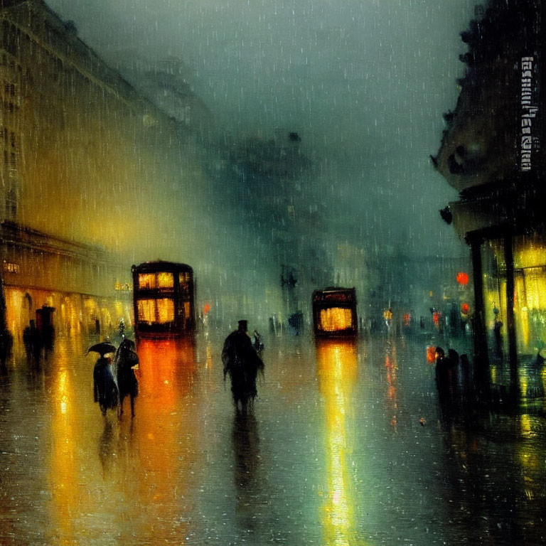 Blurred lights and silhouetted figures on rainy evening streets