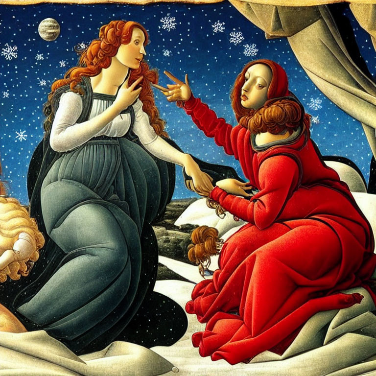 Renaissance painting of two women under starry sky in peaceful interaction