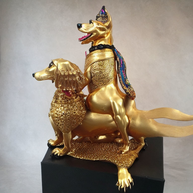 Golden sculptures of two dogs with intricate harnesses on pedestal