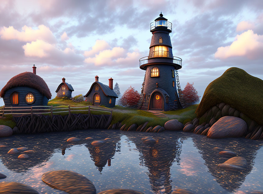 Tranquil seaside twilight with lighthouse, thatched-roof cottages, and reflective water.