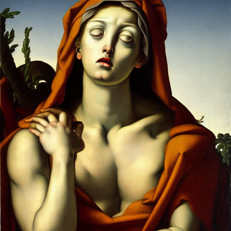 Classical painting of sorrowful woman in red shawl against dark nature.