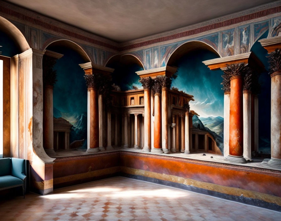 Classical Architecture Murals in Interior Room with Red Columns