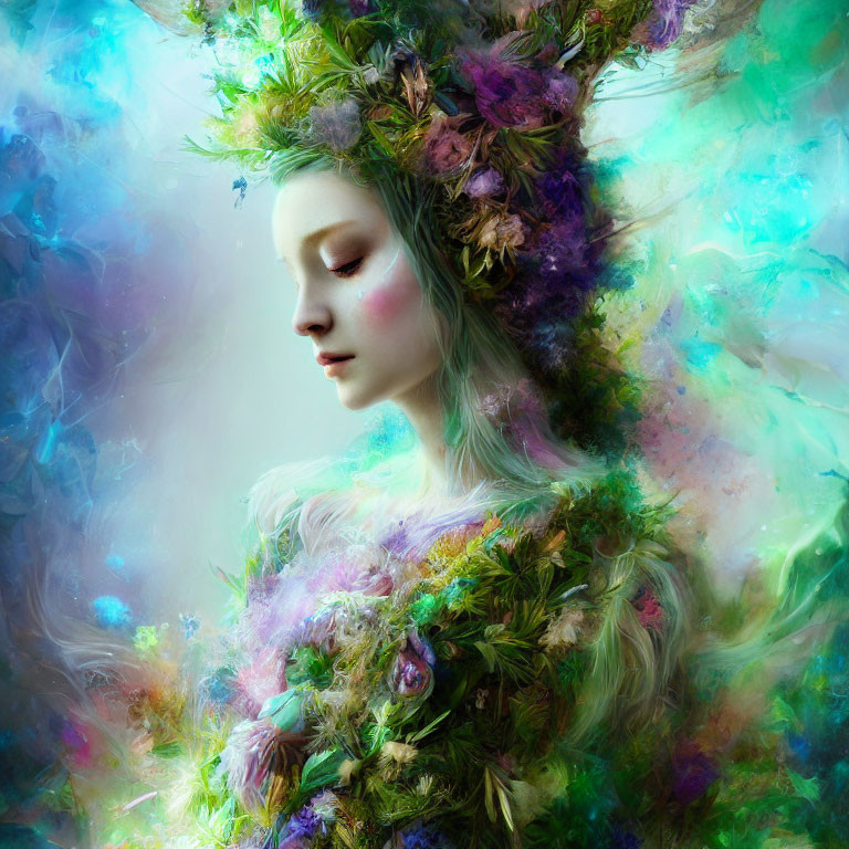 Ethereal woman with flower wreath in mystical mist