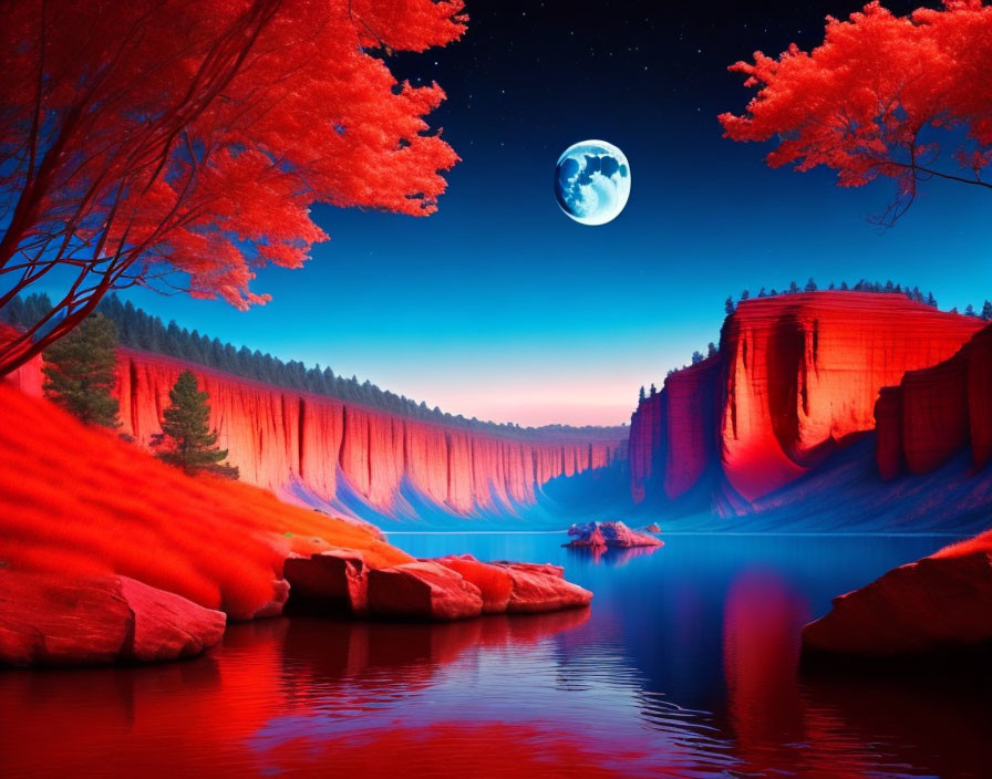 Tranquil dusk landscape with red foliage, cliffs, river, boat, and full moon