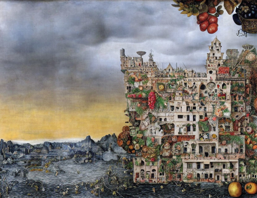 Fantastical painting of tower-laden cityscape with fruit trees against stormy backdrop