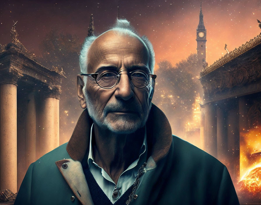 Elderly Man in Coat with Fiery Explosions and Grand Architecture