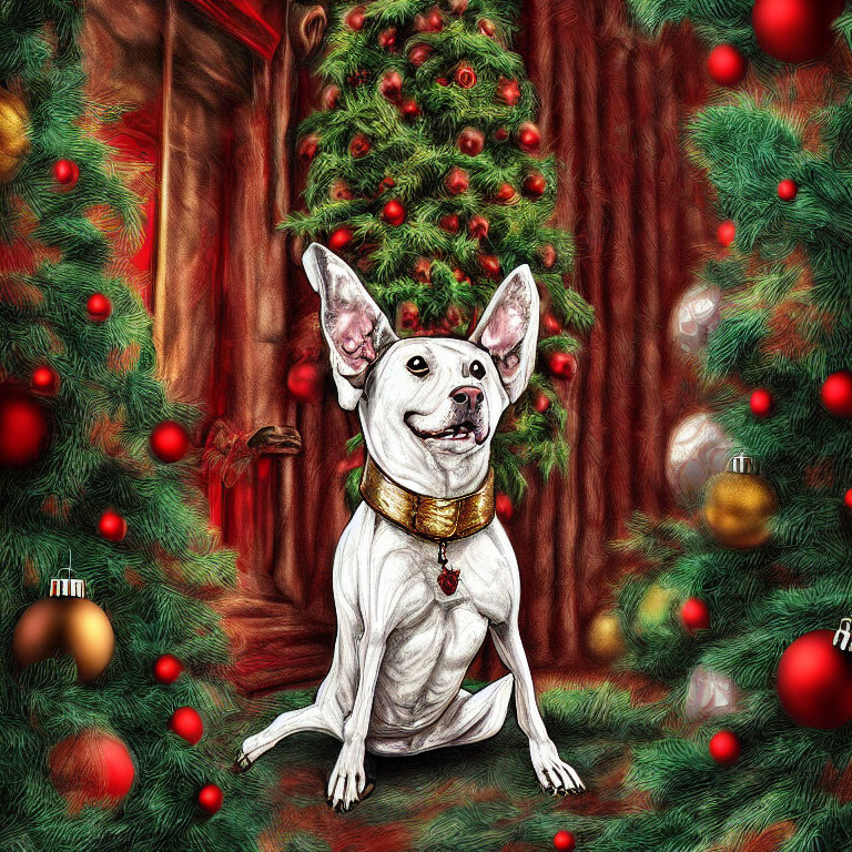 White Dog with Gold Collar Sitting by Christmas Tree and Ornaments