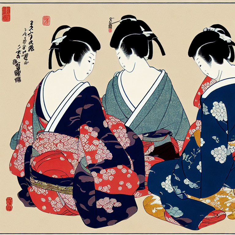 Traditional Japanese Kimono Artwork with Three Women in Classical Style