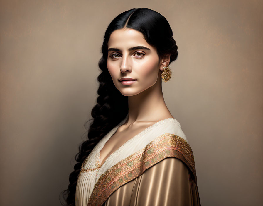 Traditional Attire Woman with Long Braid and Intense Gaze on Beige Background