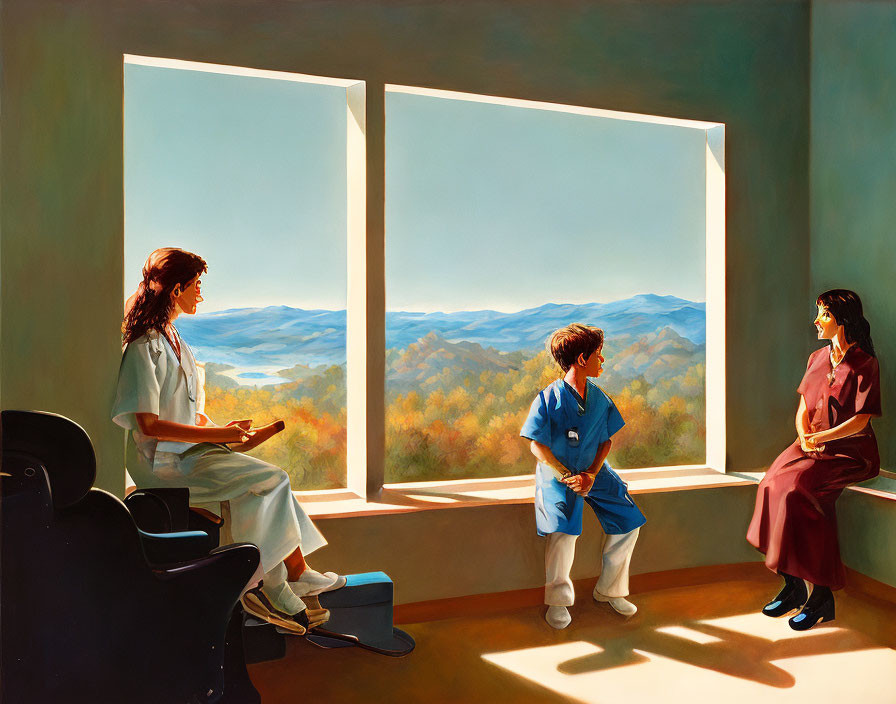 Three people in medical office with mountain view