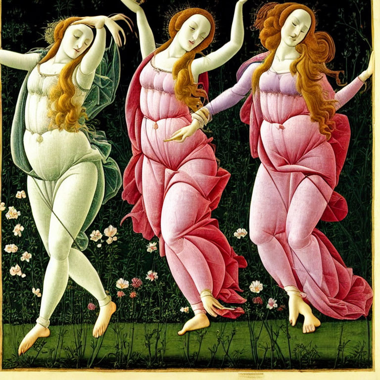 Ethereal women in flowing robes dancing among flowers