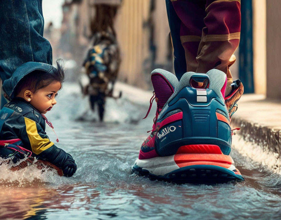 Toddler in hooded jacket by puddle, adult in colorful sneakers nearby