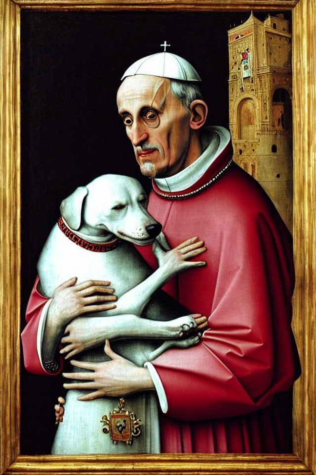 Religious man with dog and tower in painting