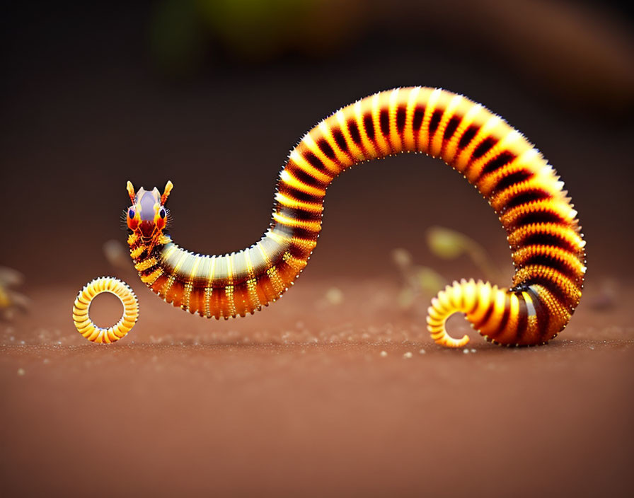 Colorful Orange and Yellow Millipede Curling on Brown Surface