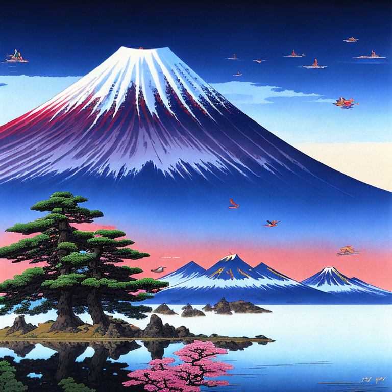 Scenic Mount Fuji landscape with blue sky and nature elements