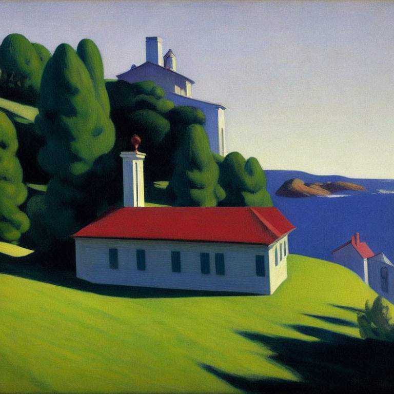 Landscape painting of white house with red roof, trees, coastline, sea, and blue sky