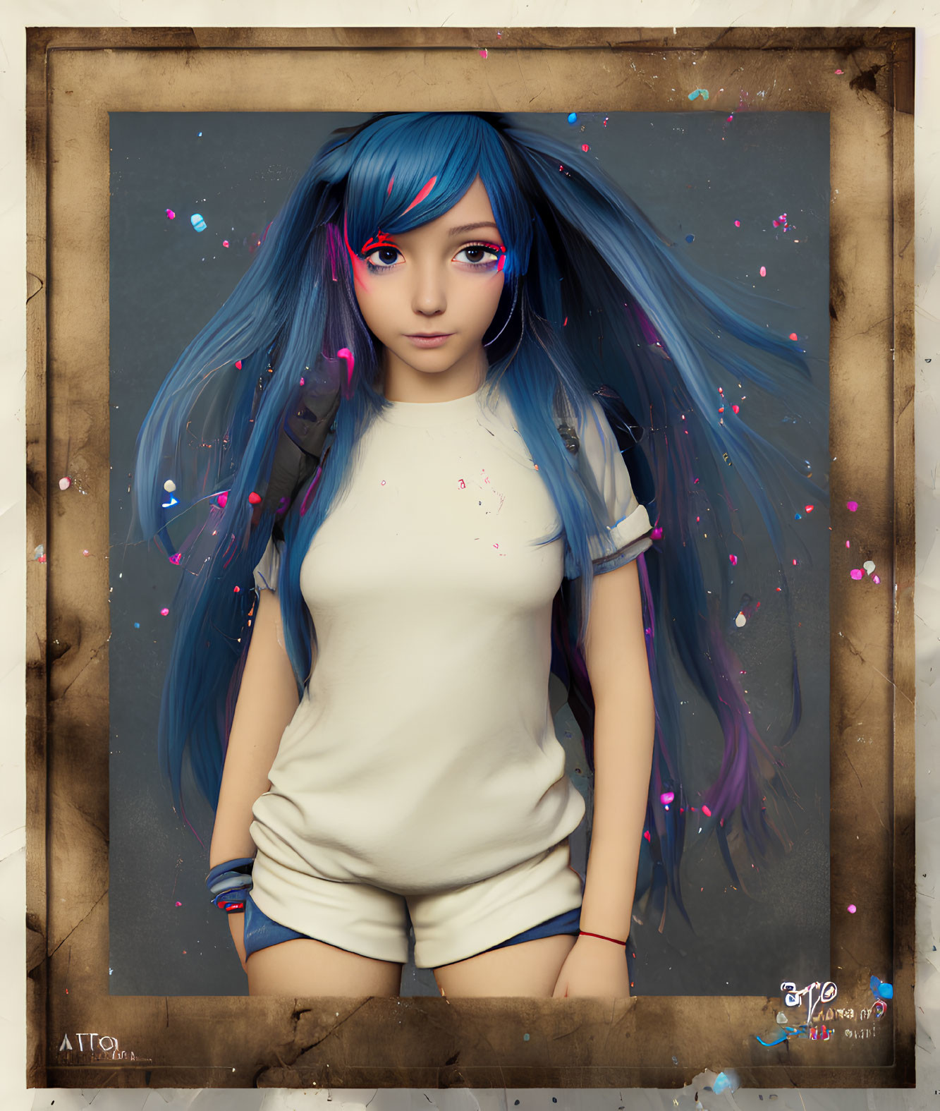 Illustration of Girl with Long Blue Hair in White Shirt Surrounded by Pink Petals on Aged