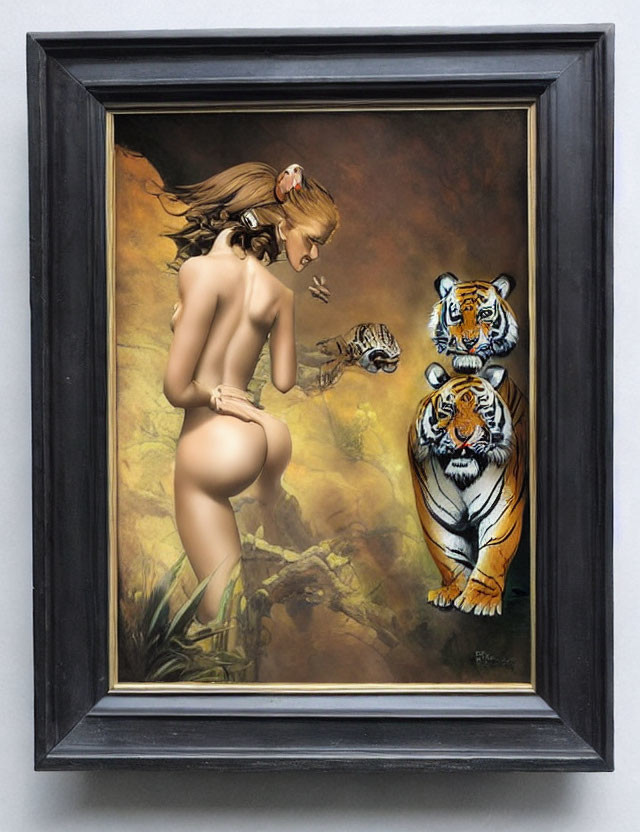 Framed artwork: Woman facing tiger, back turned