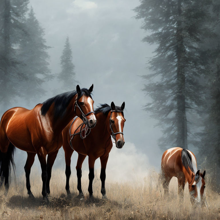 Misty forest scene with three horses, pine trees, and bridles