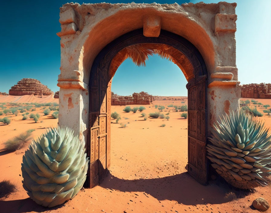 Isolated arched doorway in desert landscape with agave plants, sand dunes, and clear sky