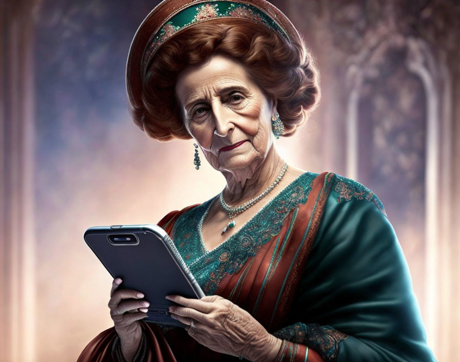 Elderly woman in historical attire with modern tablet showcases contrast.