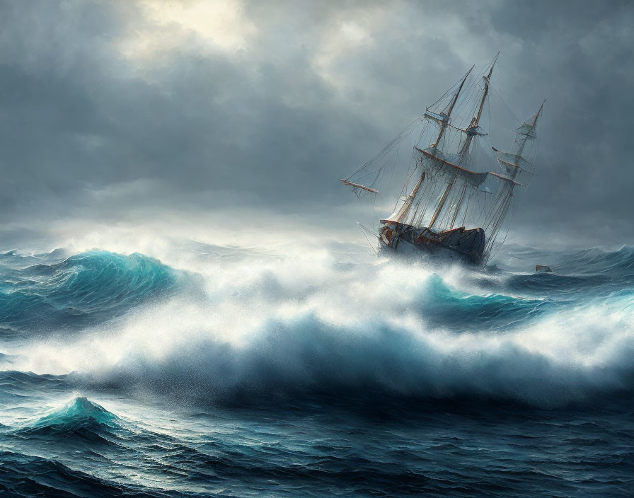 Sailing Ship in Turbulent Seas and Stormy Skies