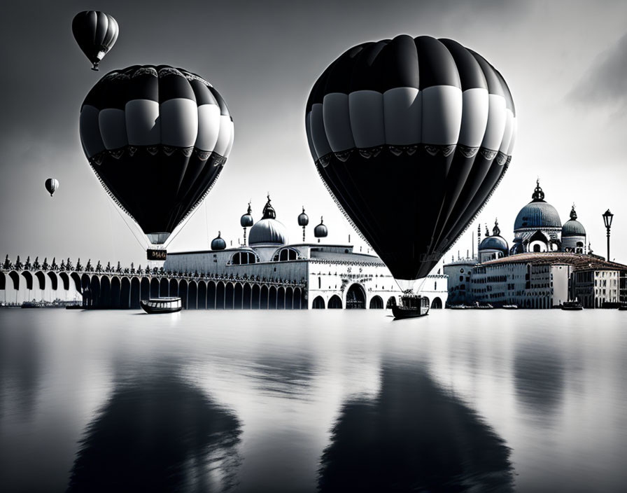 Monochrome hot air balloons over water with architectural silhouette