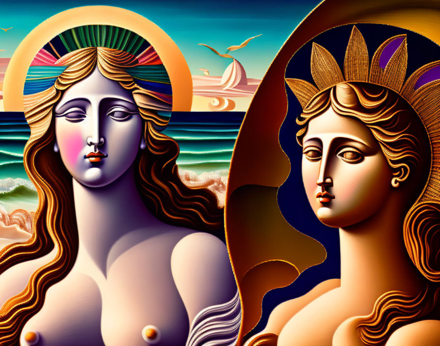 Stylized female faces with sun and moon motifs in sea and sky setting