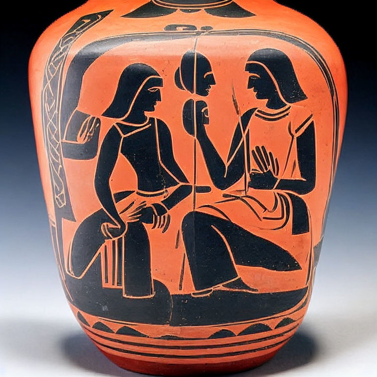 Ancient Greek black-figure vase with three figures in conversation