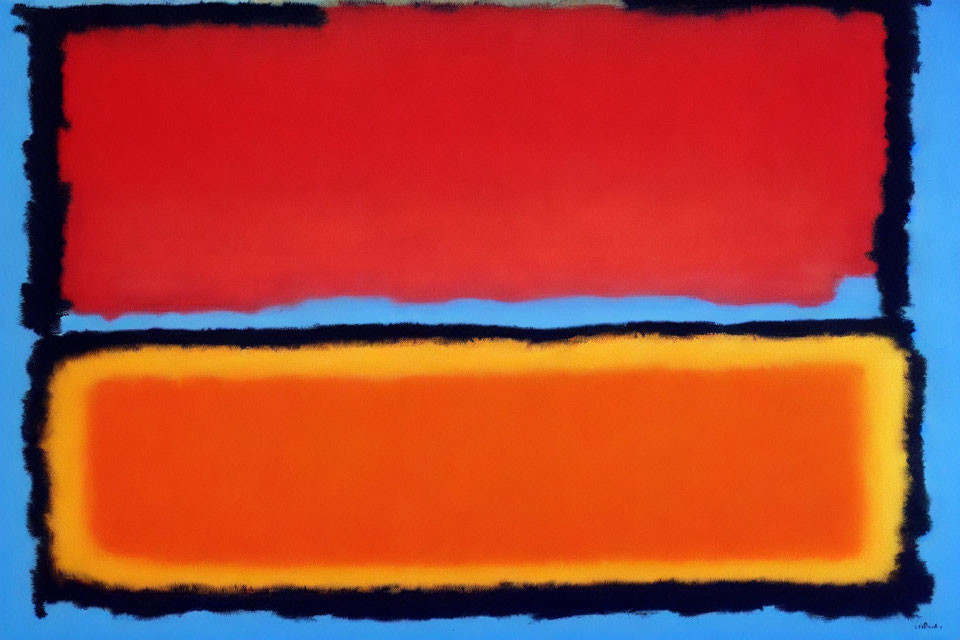 Colorful Abstract Painting: Orange and Red Rectangles on Blue Background