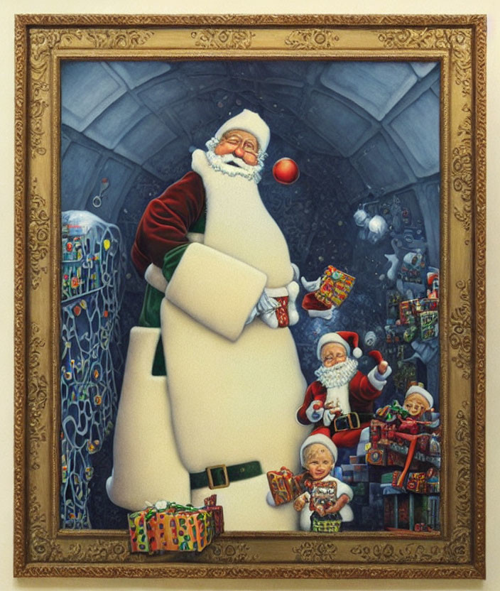 Santa Claus painting in workshop with toys and elves for holiday preparations