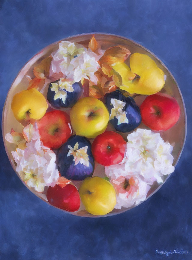 Vibrant still life painting with bowl of fruit on blue background